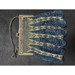 Vintage 1920s Blue Beaded Flapper Evening Bag Purse Art Deco Frame Chain
